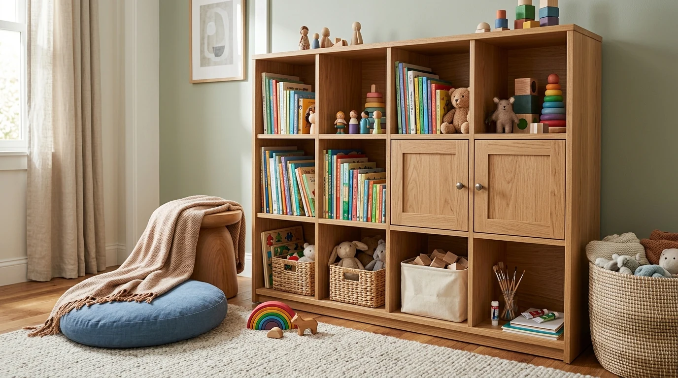 Kids Bookshelf: 11 Cubbies + 2 Cabinets for Easy Cleanup