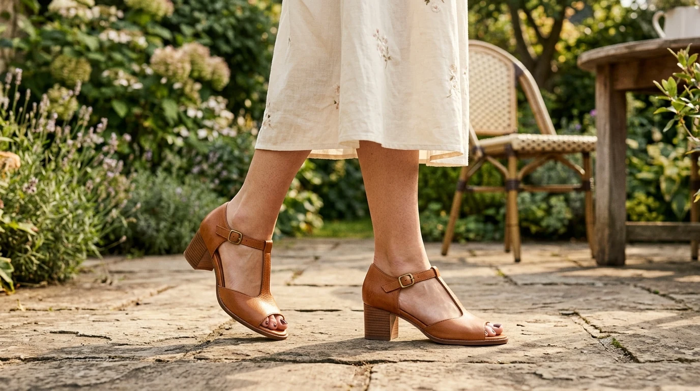 Vintage T-Strap Leather Sandals: Square-Heel Summer Pumps