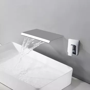 Matte Black Waterfall Tub Faucet + Brass Shelf Guide